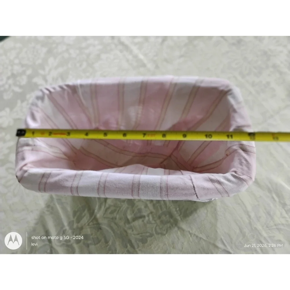 White Wicker Storage Basket Pink Striped Fabric Lining Rectangular Handcrafted